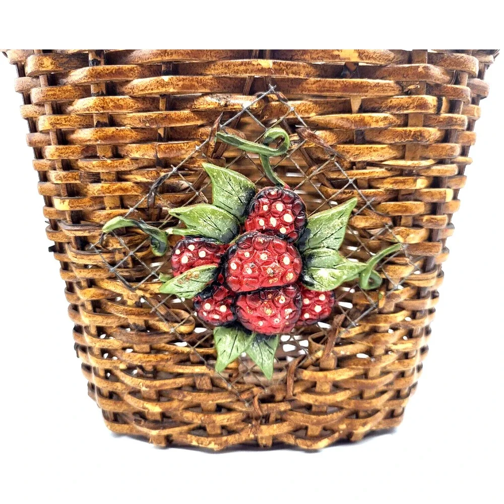 Vintage Farmhouse Basket with Strawberries Bamboo Handle 17x6